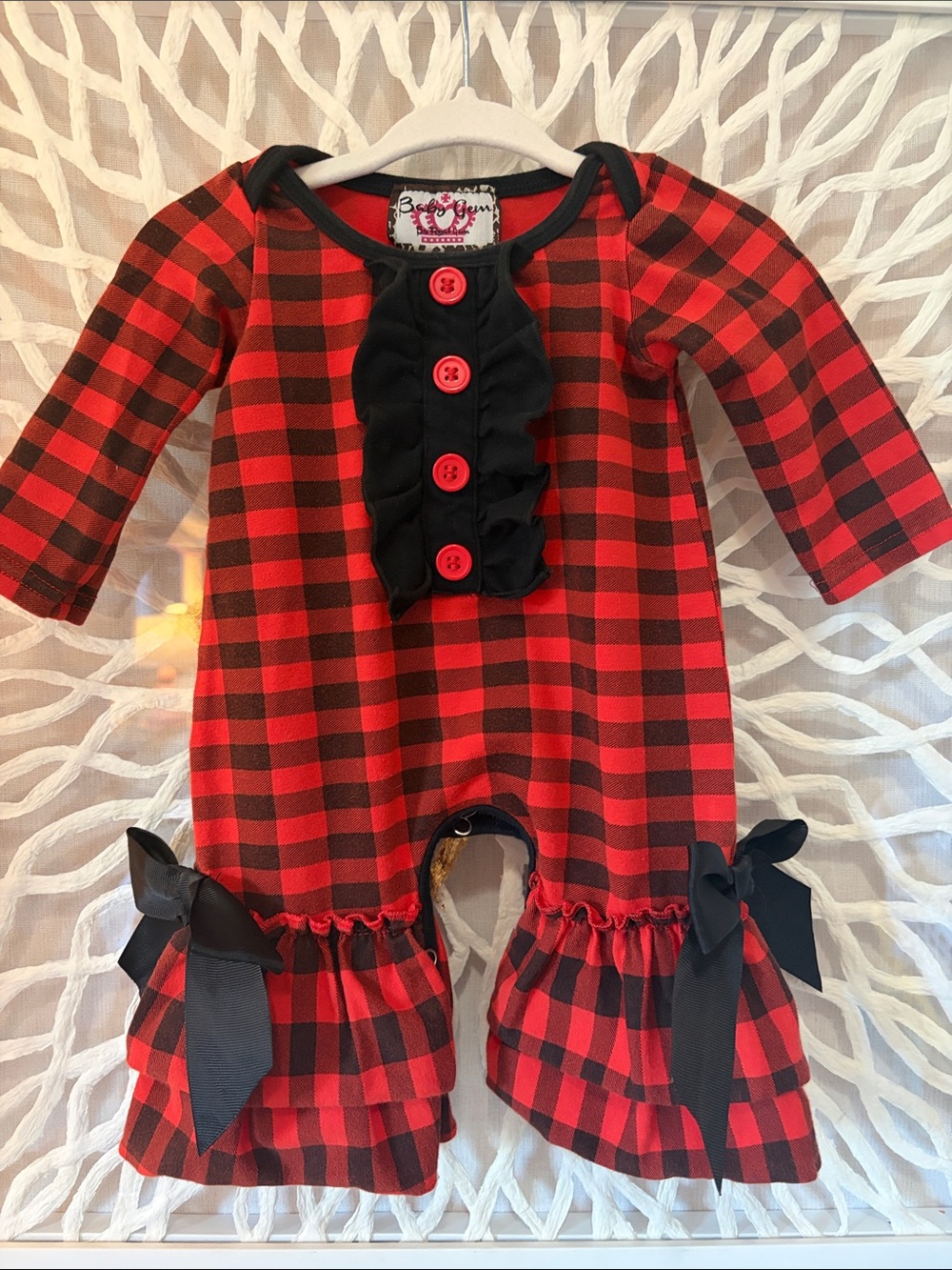 Baby Gem ruffles, bows, plaid onesie- 95% cotton. Holiday, family photo